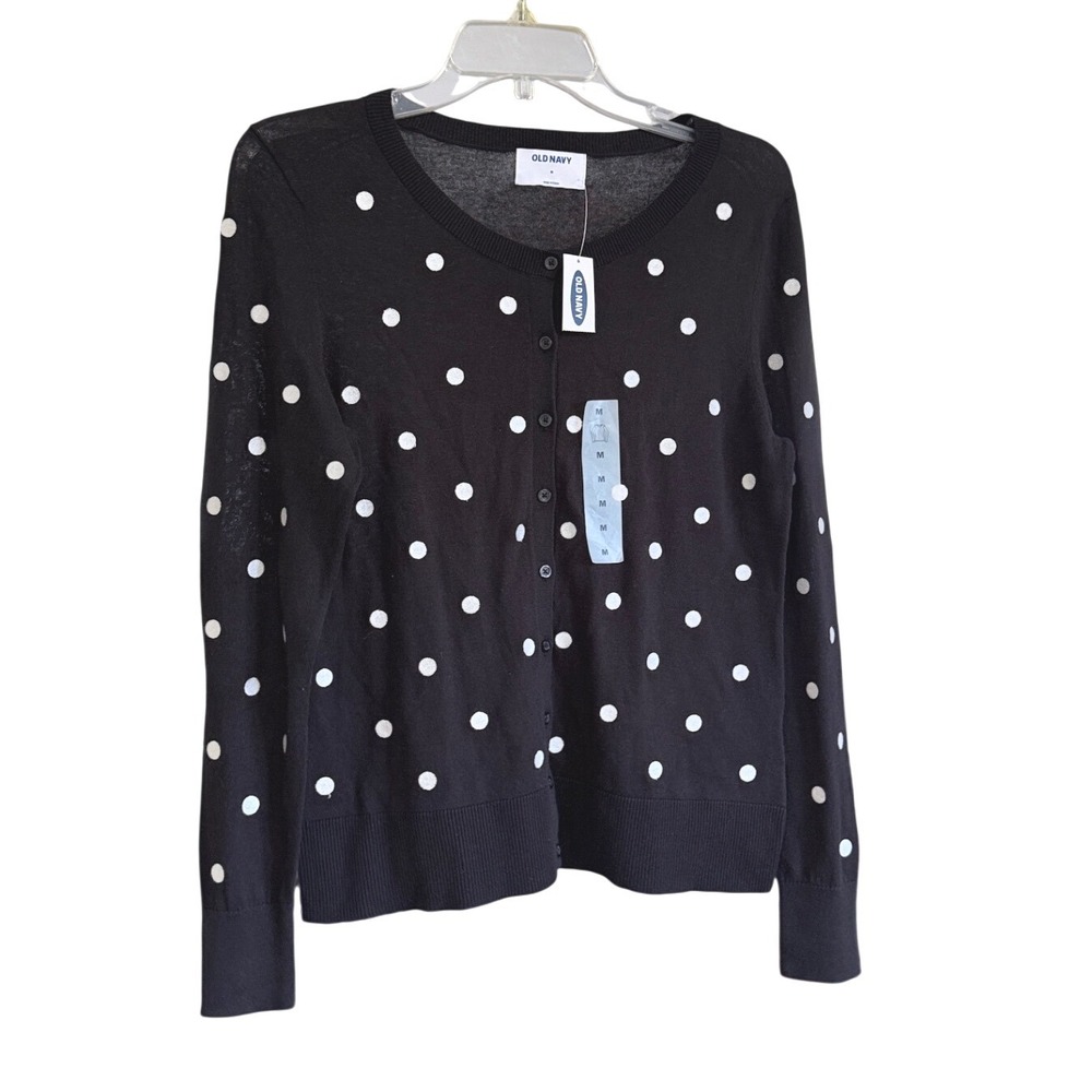 NWT Old Navy Womens Black White Polka Dot Cotton Crew Neck Cardigan Sweater M